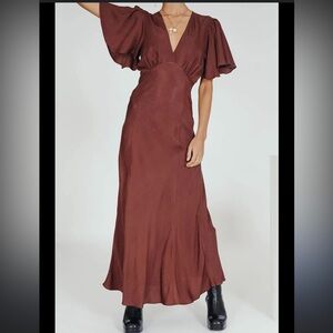 NWT VRG GRL Modern Does 30s Flutter Sleeve Bias Cut Maxi Dress Deep Brown S/M